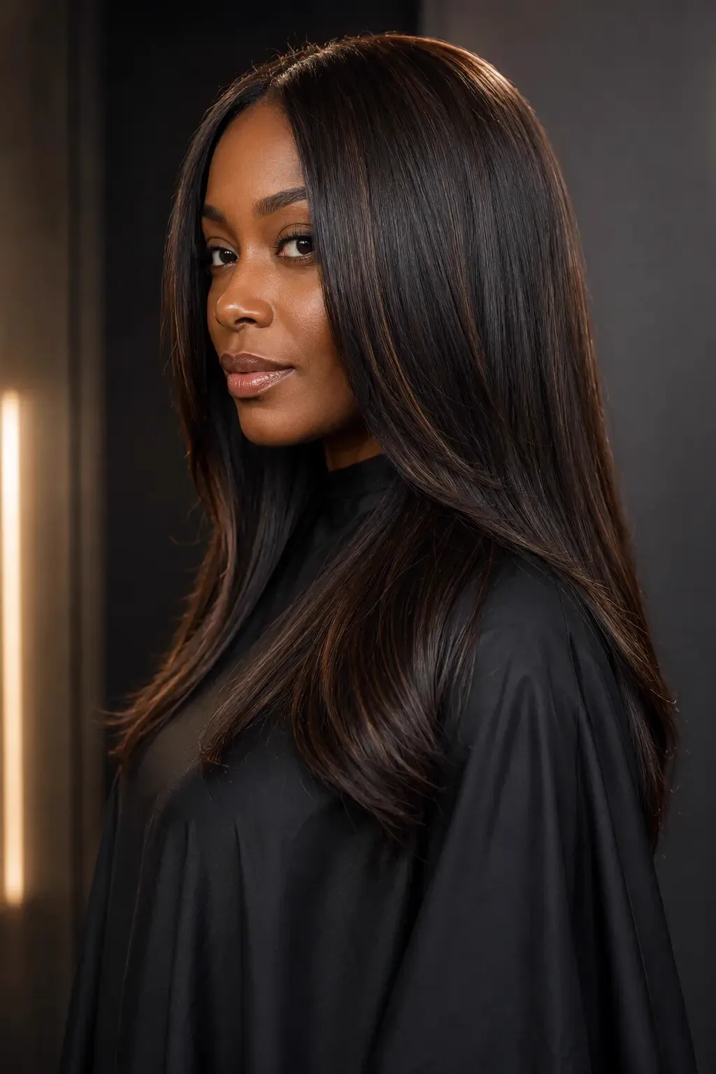 Client with smooth glossy espresso-toned hair after a salon service