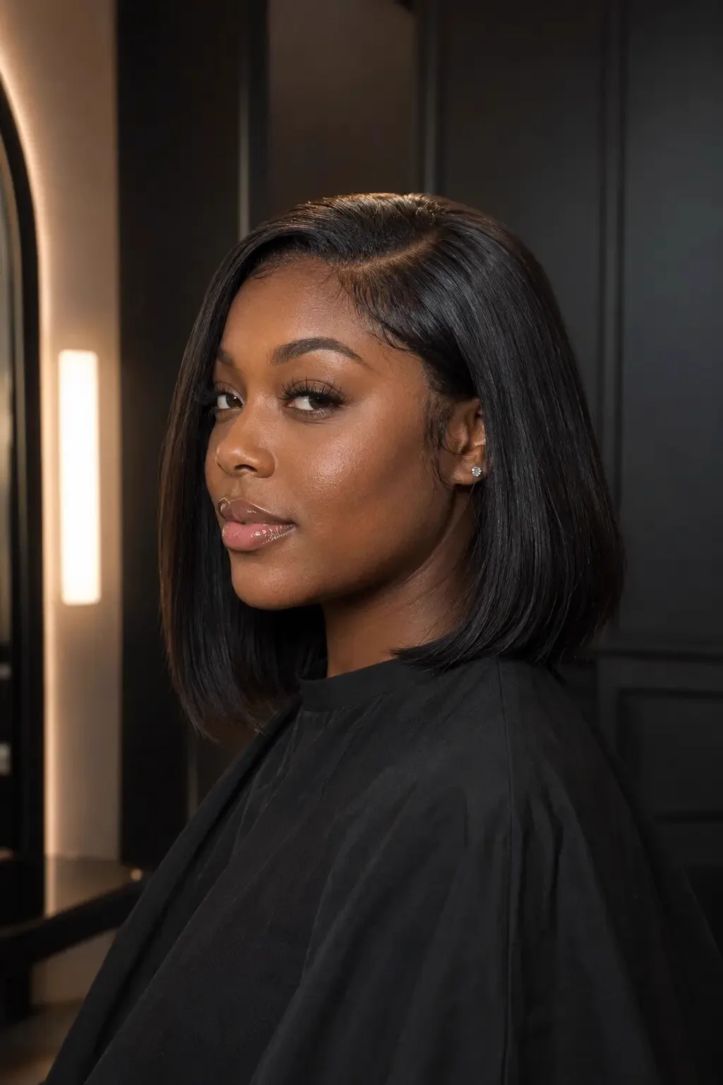 Client wearing a sleek shoulder-length quick weave bob