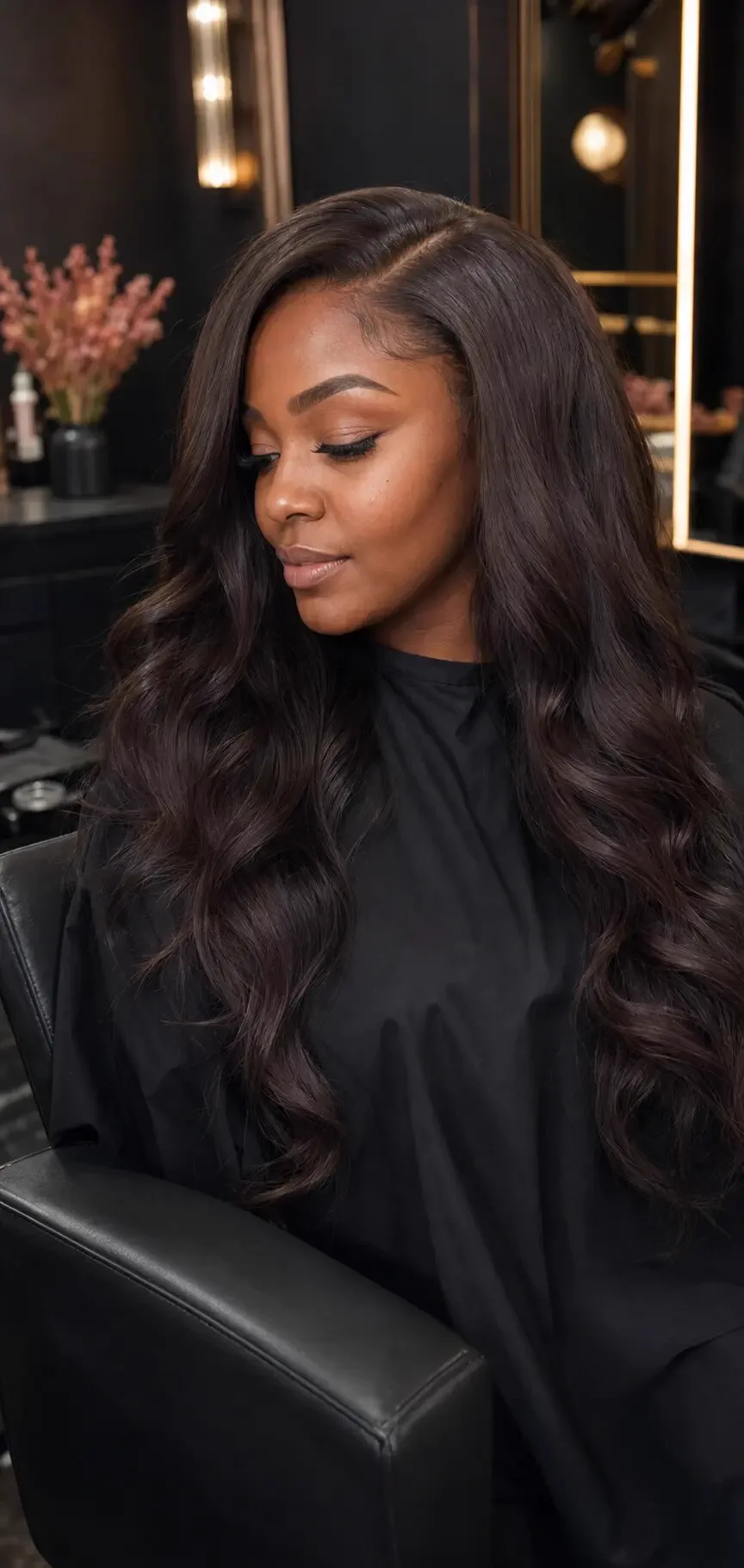 Client with long, softly waved sew-in extensions in a charcoal salon